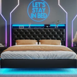 ProximaX Lit flottant 160x200cm en PU avec LED tête & corps, rangement tête de lit rembourrée & prise EU, Design moderne et pratique