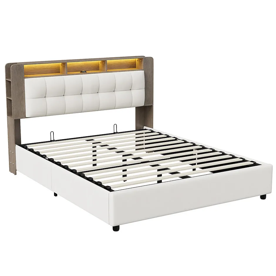 Fortuna lai Lit Flottant,160x200 CM, Cadre de Lit avec Éclairage LED, Multiprise, Tête de lit avec Rangement, velours,Blanc