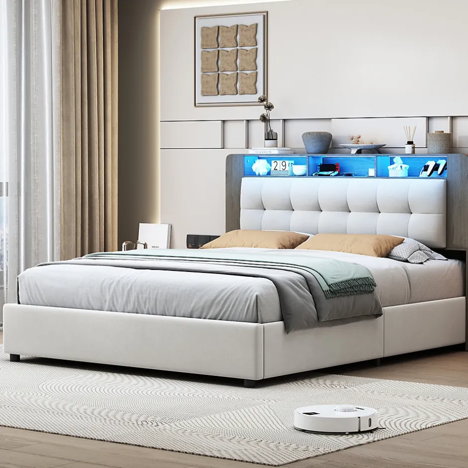 Fortuna lai Lit Flottant,160x200 CM, Cadre de Lit avec Éclairage LED, Multiprise, Tête de lit avec Rangement, velours,Blanc