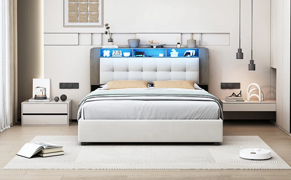 Fortuna lai Lit Flottant,160x200 CM, Cadre de Lit avec Éclairage LED, Multiprise, Tête de lit avec Rangement, velours,Blanc