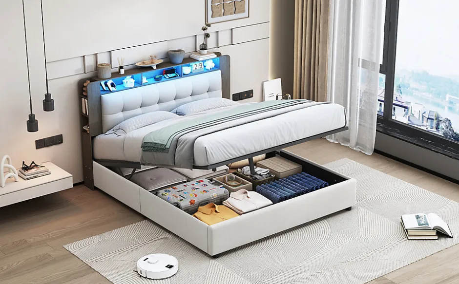 Fortuna lai Lit Flottant,160x200 CM, Cadre de Lit avec Éclairage LED, Multiprise, Tête de lit avec Rangement, velours,Blanc