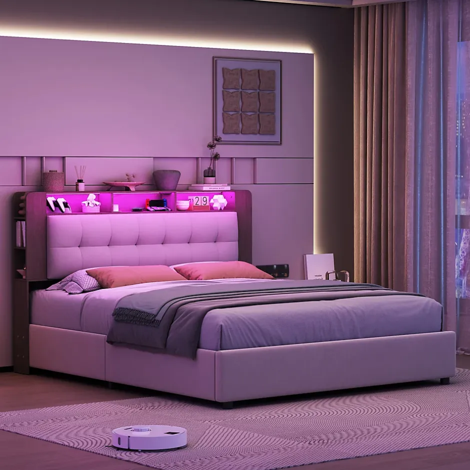 Fortuna lai Lit Flottant,140x200 CM, Cadre de Lit avec Éclairage LED, Multiprise, Tête de lit avec Rangement, velours,Blanc Clearance