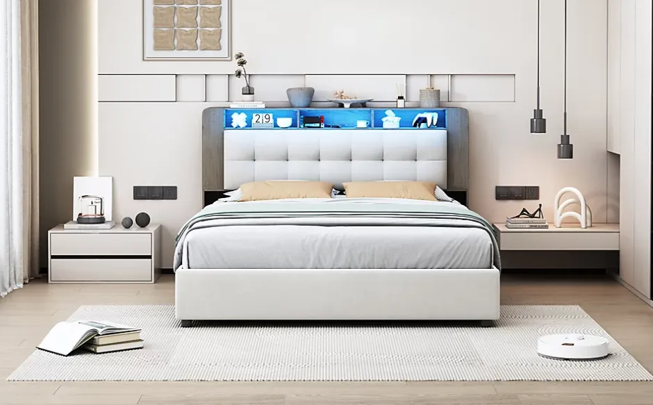 Fortuna lai Lit Flottant,140x200 CM, Cadre de Lit avec Éclairage LED, Multiprise, Tête de lit avec Rangement, velours,Blanc Clearance