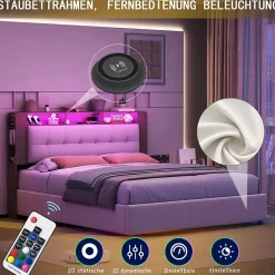 Fortuna lai Lit Flottant,140x200 CM, Cadre de Lit avec Éclairage LED, Multiprise, Tête de lit avec Rangement, velours,Blanc Clearance
