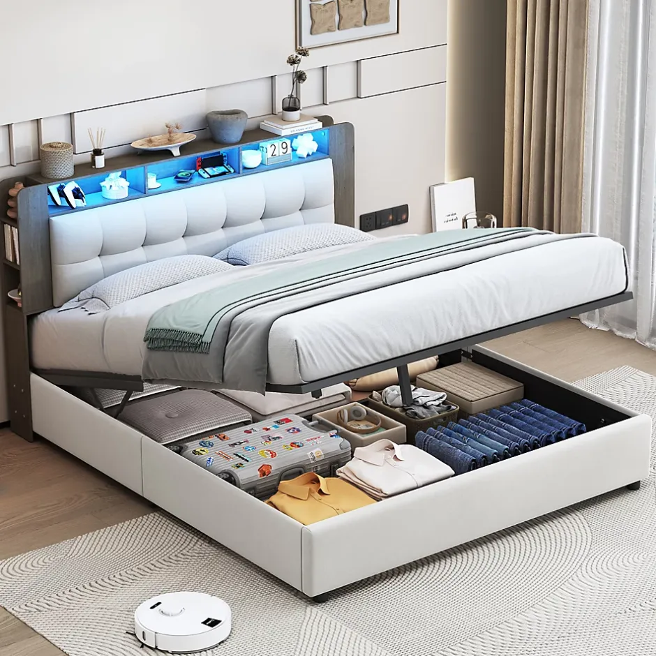 Fortuna lai Lit Flottant,140x200 CM, Cadre de Lit avec Éclairage LED, Multiprise, Tête de lit avec Rangement, velours,Blanc Clearance