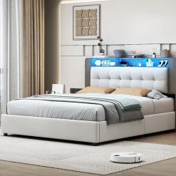 Fortuna lai Lit Flottant,140x200 CM, Cadre de Lit avec Éclairage LED, Multiprise, Tête de lit avec Rangement, velours,Blanc Clearance