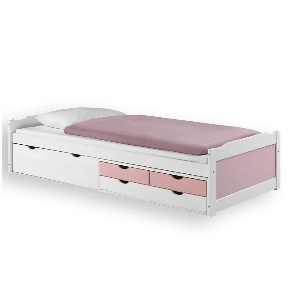 Idimex Lit fonctionnel en pin ANDREA, 90 x 200 cm, lasuré blanc rose Clearance