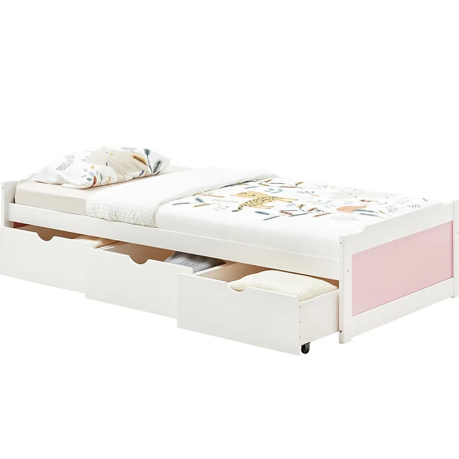 Idimex Lit fonctionnel MIA 90 x 200 cm, en pin massif lasuré blanc et rose Best