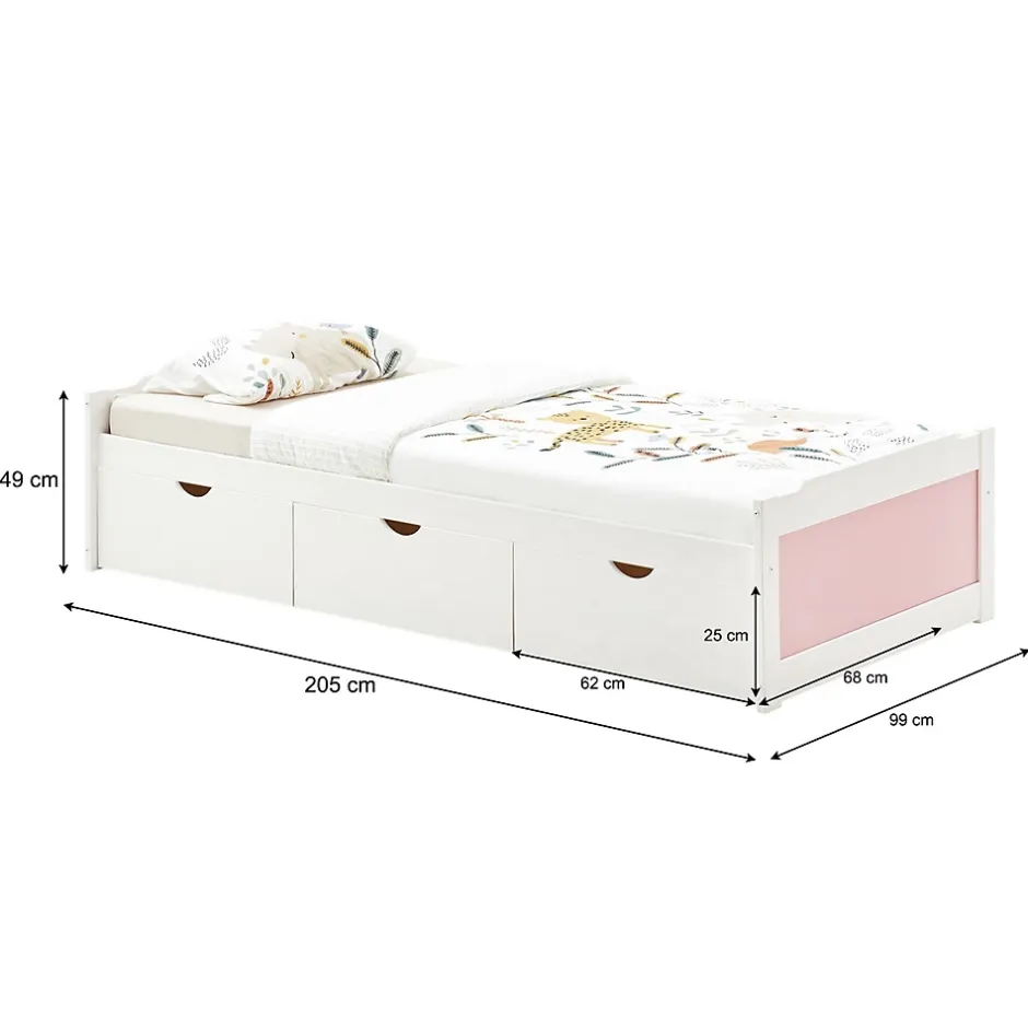 Idimex Lit fonctionnel MIA 90 x 200 cm, en pin massif lasuré blanc et rose Best