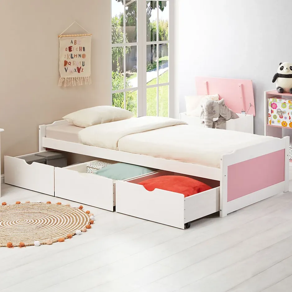 Idimex Lit fonctionnel MIA 90 x 200 cm, en pin massif lasuré blanc et rose Best