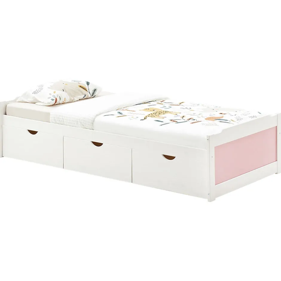 Idimex Lit fonctionnel MIA 90 x 200 cm, en pin massif lasuré blanc et rose Best
