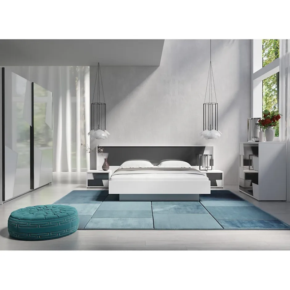 Meublorama Lit FULMO 160 cm avec coffre - Coloris blanc et finition gris béton - 171 x 92 x 201 cm