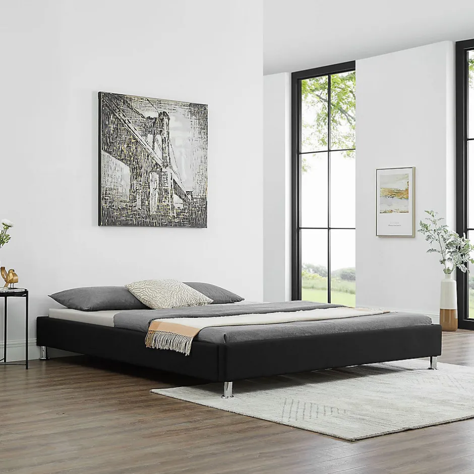 Idimex Lit futon double NIZZA, 180 x 200 cm, avec sommier, revêtement en tissu noir