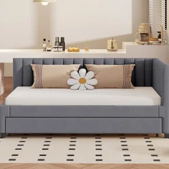 Okwish Lit Gigogne - Lit enfant et d'Appoint avec Sommier Gigogne, Fonction Rangement Intégré, Velours Gris, 90x200 cm