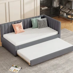 Okwish Lit Gigogne - Lit enfant et d'Appoint avec Sommier Gigogne, Fonction Rangement Intégré, Velours Gris, 90x200 cm
