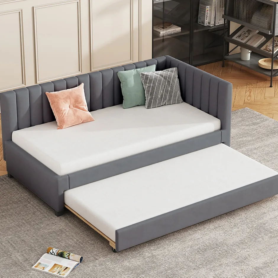 Okwish Lit Gigogne - Lit enfant et d'Appoint avec Sommier Gigogne, Fonction Rangement Intégré, Velours Gris, 90x200 cm