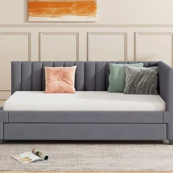 Okwish Lit Gigogne - Lit enfant et d'Appoint avec Sommier Gigogne, Fonction Rangement Intégré, Velours Gris, 90x200 cm