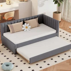 Okwish Lit Gigogne - Lit enfant et d'Appoint avec Sommier Gigogne, Fonction Rangement Intégré, Velours Gris, 90x200 cm
