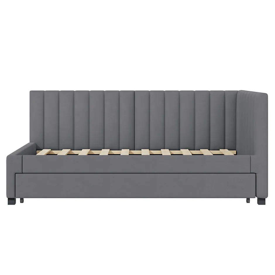 Okwish Lit Gigogne - Lit enfant et d'Appoint avec Sommier Gigogne, Fonction Rangement Intégré, Velours Gris, 90x200 cm