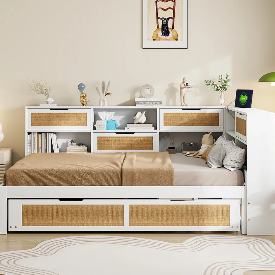 Okwish Lit Gigogne - Lit enfant 140x200 cm Bois Blanc avec Lit Simple, Tiroirs et Port USB, Grand Rangement Multifonction, Couleur Blanc Clearance
