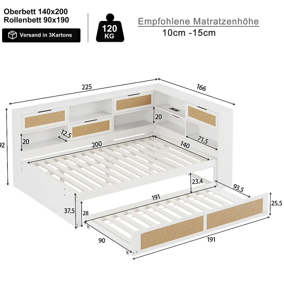 Okwish Lit Gigogne - Lit enfant 140x200 cm Bois Blanc avec Lit Simple, Tiroirs et Port USB, Grand Rangement Multifonction, Couleur Blanc Clearance