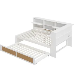 Okwish Lit Gigogne - Lit enfant 140x200 cm Bois Blanc avec Lit Simple, Tiroirs et Port USB, Grand Rangement Multifonction, Couleur Blanc Clearance