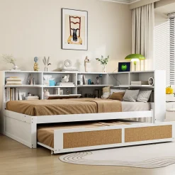 Okwish Lit Gigogne - Lit enfant 140x200 cm Bois Blanc avec Lit Simple, Tiroirs et Port USB, Grand Rangement Multifonction, Couleur Blanc Clearance