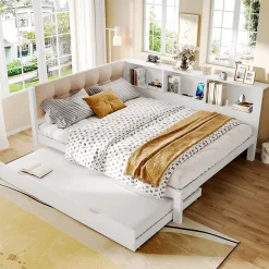 Okwish Lit Gigogne 140 x 200 cm - avec Lit Escamotable et LED Dimmable - Sans Matelas - Lin, MDF et Bois de Pin - Blanc