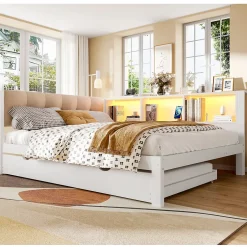 Okwish Lit Gigogne 140 x 200 cm - avec Lit Escamotable et LED Dimmable - Sans Matelas - Lin, MDF et Bois de Pin - Blanc