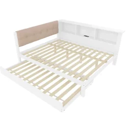 Okwish Lit Gigogne 140 x 200 cm - avec Lit Escamotable et LED Dimmable - Sans Matelas - Lin, MDF et Bois de Pin - Blanc