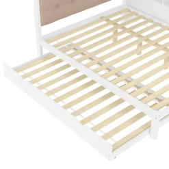 Okwish Lit Gigogne 140 x 200 cm - avec Lit Escamotable et LED Dimmable - Sans Matelas - Lin, MDF et Bois de Pin - Blanc