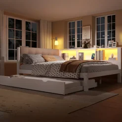 Okwish Lit Gigogne 140 x 200 cm - avec Lit Escamotable et LED Dimmable - Sans Matelas - Lin, MDF et Bois de Pin - Blanc