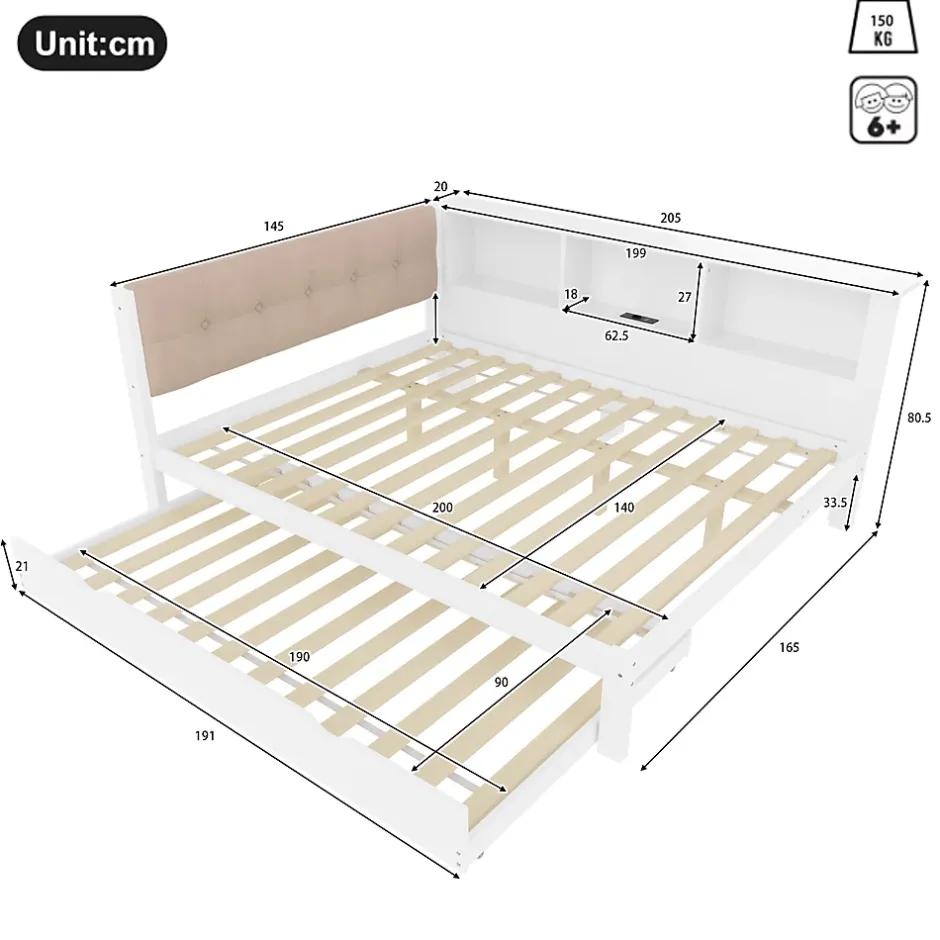 Okwish Lit Gigogne 140 x 200 cm - avec Lit Escamotable et LED Dimmable - Sans Matelas - Lin, MDF et Bois de Pin - Blanc