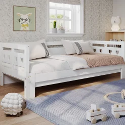 Okwish Lit gigogne 90 x 190 cm - Lit Banquette avec Motif Cœur - Pin Massif et MDF - Sans Matelas - Blanc New