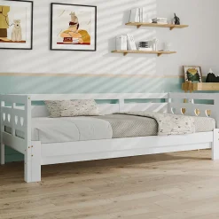 Okwish Lit gigogne 90 x 190 cm - Lit Banquette avec Motif Cœur - Pin Massif et MDF - Sans Matelas - Blanc New