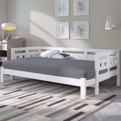 Okwish Lit gigogne 90 x 190 cm - Lit Banquette avec Motif Cœur - Pin Massif et MDF - Sans Matelas - Blanc New
