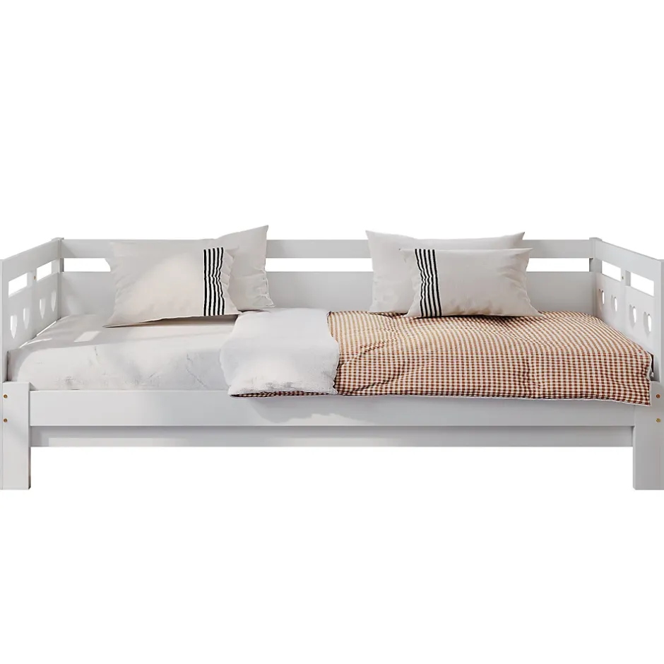 Okwish Lit gigogne 90 x 190 cm - Lit Banquette avec Motif Cœur - Pin Massif et MDF - Sans Matelas - Blanc New