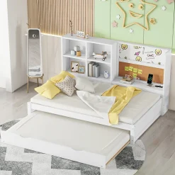 Okwish Lit Gigogne 90 x 200 cm - Lit enfant avec Port de Chargement USB et Rangement - Bois de Pin + MDF - Sans Matelas - Blanc