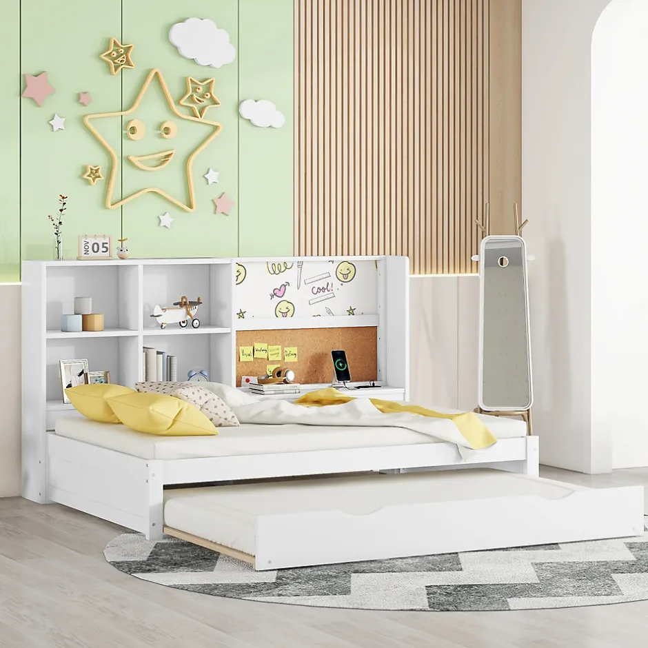 Okwish Lit Gigogne 90 x 200 cm - Lit enfant avec Port de Chargement USB et Rangement - Bois de Pin + MDF - Sans Matelas - Blanc