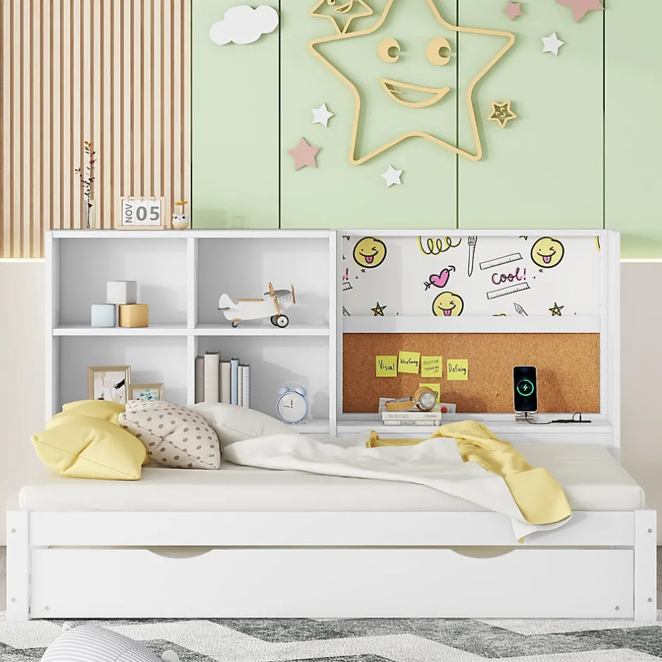 Okwish Lit Gigogne 90 x 200 cm - Lit enfant avec Port de Chargement USB et Rangement - Bois de Pin + MDF - Sans Matelas - Blanc