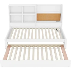Okwish Lit Gigogne 90 x 200 cm - Lit enfant avec Port de Chargement USB et Rangement - Bois de Pin + MDF - Sans Matelas - Blanc