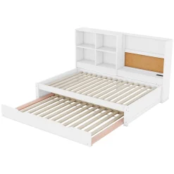 Okwish Lit Gigogne 90 x 200 cm - Lit enfant avec Port de Chargement USB et Rangement - Bois de Pin + MDF - Sans Matelas - Blanc