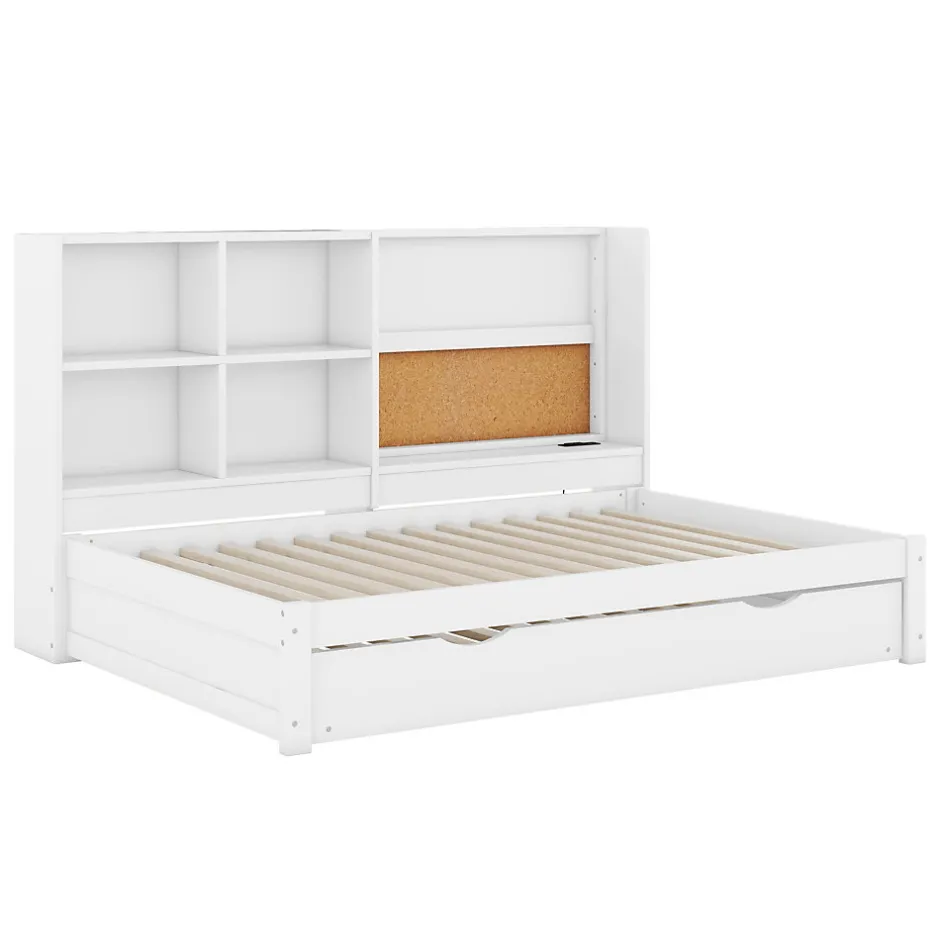 Okwish Lit Gigogne 90 x 200 cm - Lit enfant avec Port de Chargement USB et Rangement - Bois de Pin + MDF - Sans Matelas - Blanc