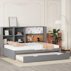 Okwish Lit Gigogne 90 x 200 cm - Lit enfant avec Port de Chargement USB et Rangement - Bois de Pin + MDF - Sans Matelas - Gris