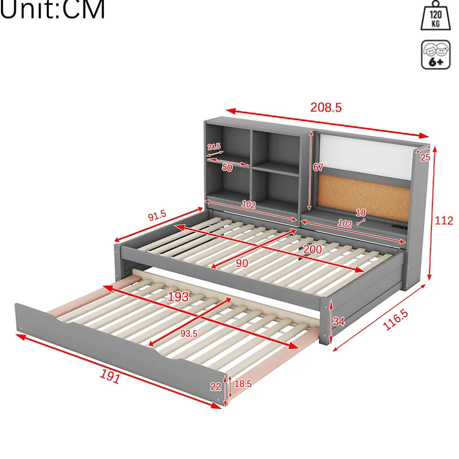 Okwish Lit Gigogne 90 x 200 cm - Lit enfant avec Port de Chargement USB et Rangement - Bois de Pin + MDF - Sans Matelas - Gris