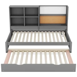 Okwish Lit Gigogne 90 x 200 cm - Lit enfant avec Port de Chargement USB et Rangement - Bois de Pin + MDF - Sans Matelas - Gris