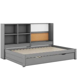 Okwish Lit Gigogne 90 x 200 cm - Lit enfant avec Port de Chargement USB et Rangement - Bois de Pin + MDF - Sans Matelas - Gris