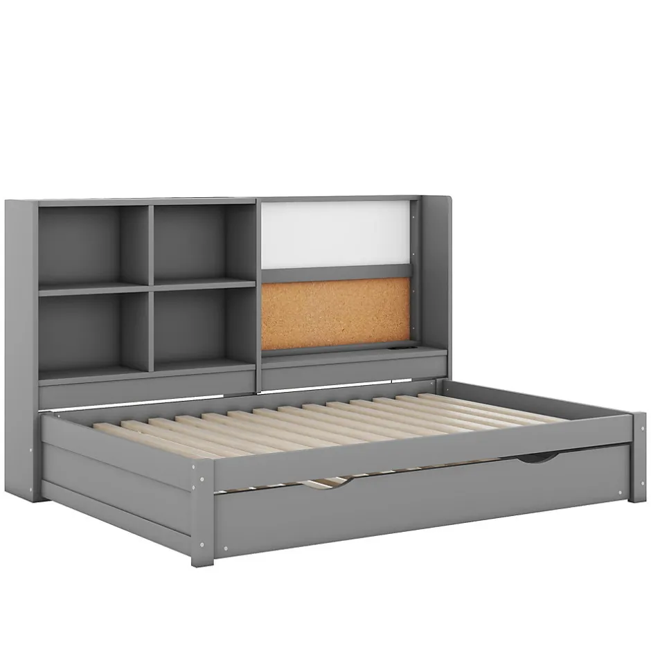 Okwish Lit Gigogne 90 x 200 cm - Lit enfant avec Port de Chargement USB et Rangement - Bois de Pin + MDF - Sans Matelas - Gris