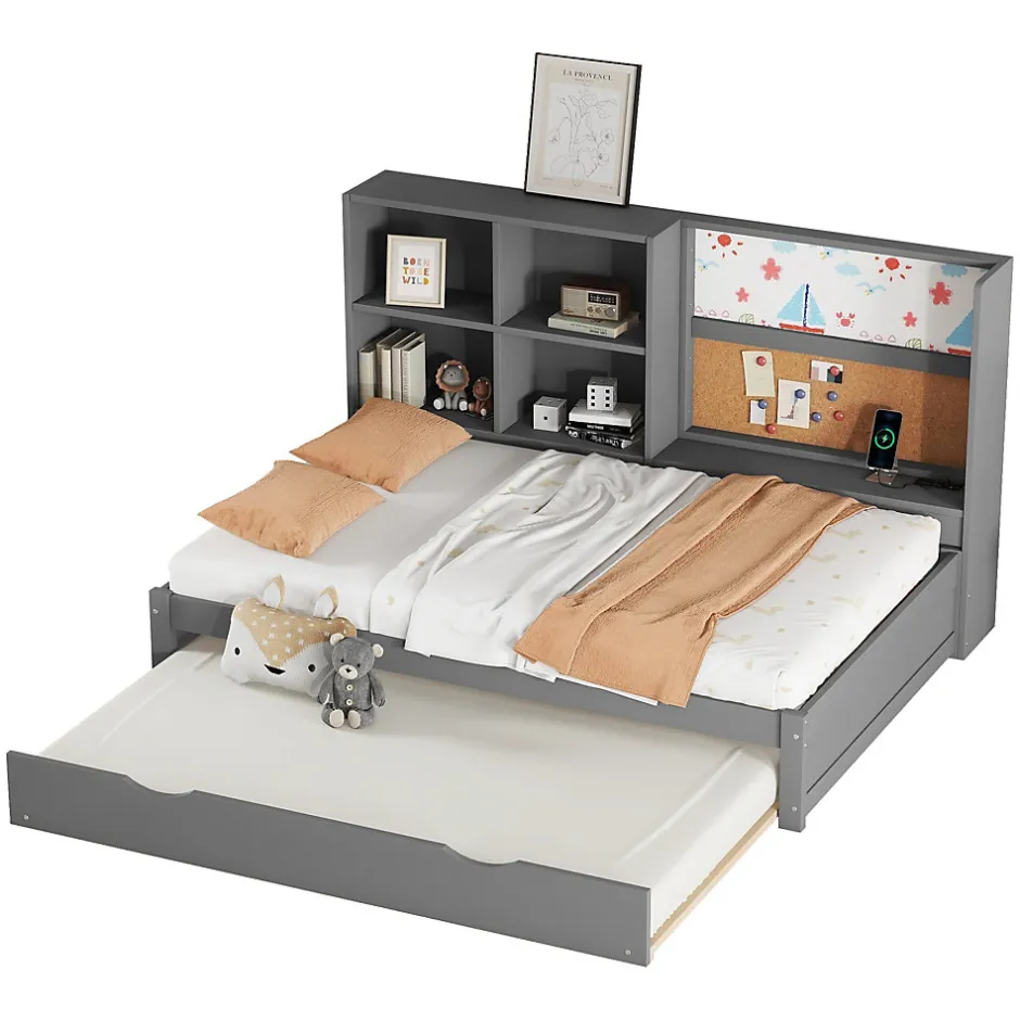 Okwish Lit Gigogne 90 x 200 cm - Lit enfant avec Port de Chargement USB et Rangement - Bois de Pin + MDF - Sans Matelas - Gris