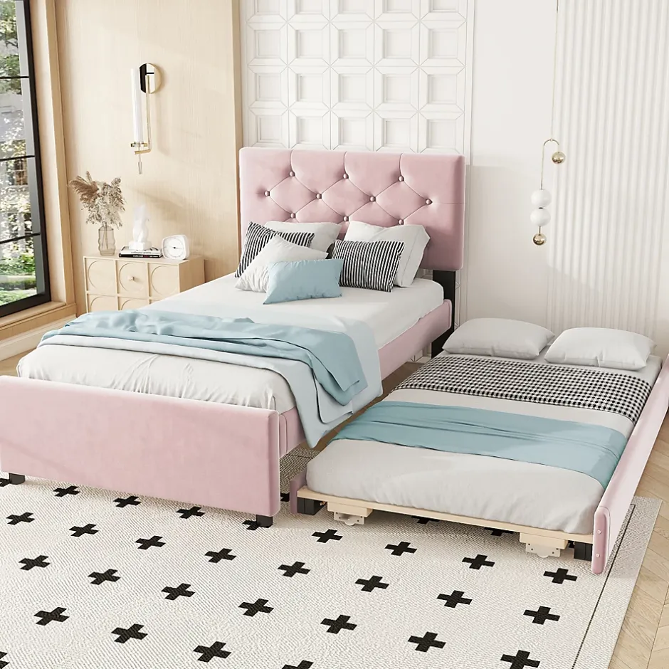 Okwish Lit Gigogne 90 x 200 cm - Lit Simple Rembourré avec Roulettes - Velours - Sans Matelas - Rose New